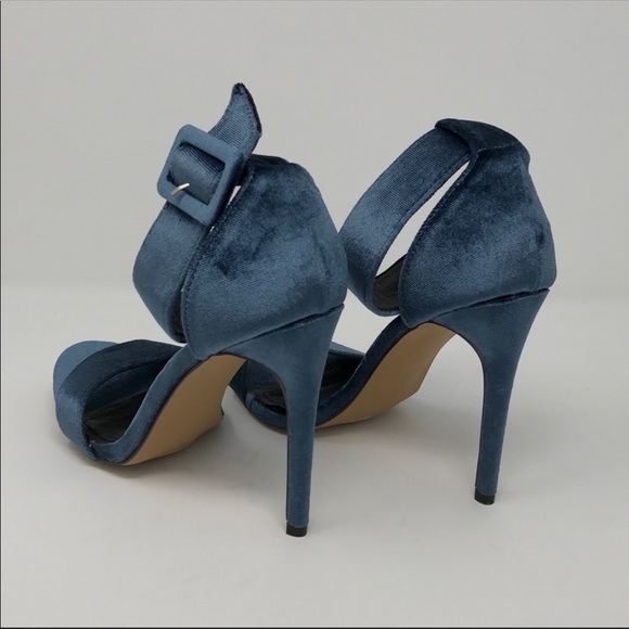 Midnight Blue Velvet Ankle Strap High Heels - Picture 3 of 3
